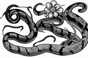 snake wrapped around a sword with skull butterflies around it and wilted flowers tattoo idea