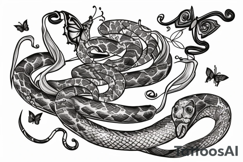 snake wrapped around a sword with butterflies around it and wilted flowers tattoo idea