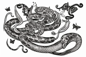 snake wrapped around a sword with butterflies around it and wilted flowers tattoo idea
