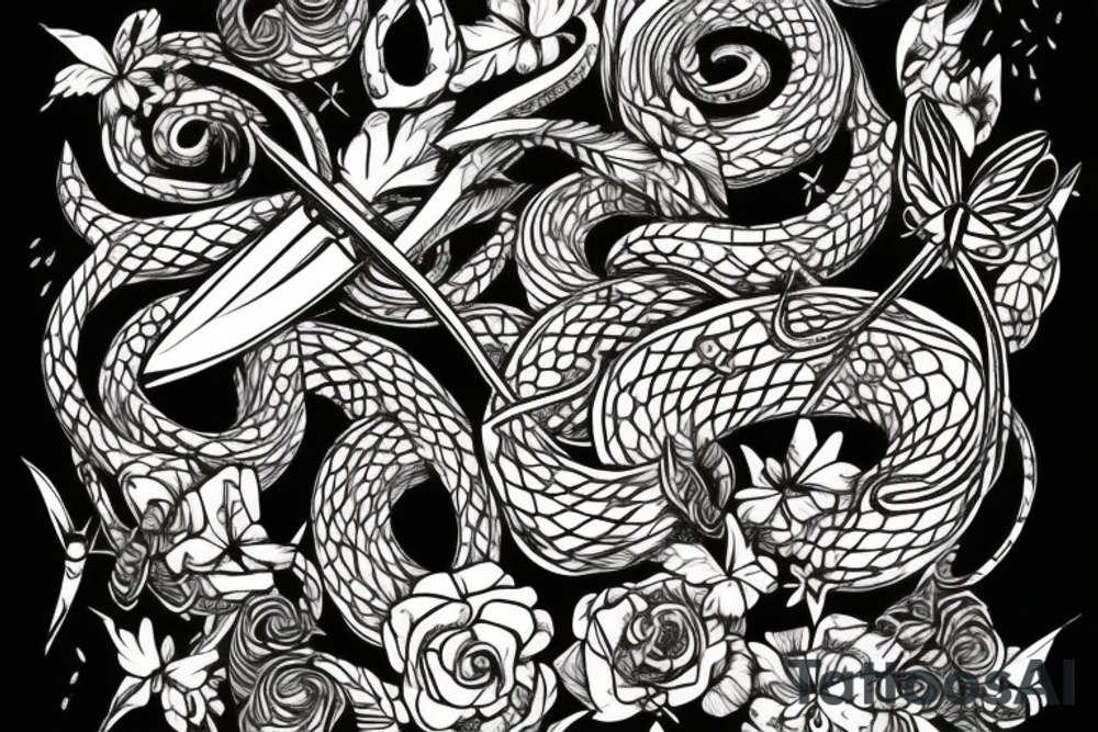 snake wrapped around a sword with butterflies around it and wilted flowers tattoo idea
