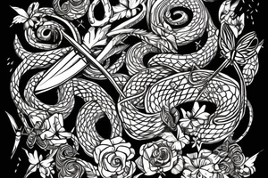 snake wrapped around a sword with butterflies around it and wilted flowers tattoo idea