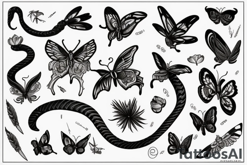 snake sword butterflies flowers tattoo idea
