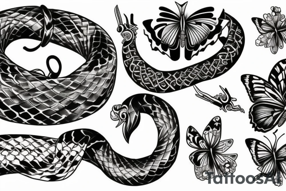 snake sword butterflies flowers tattoo idea