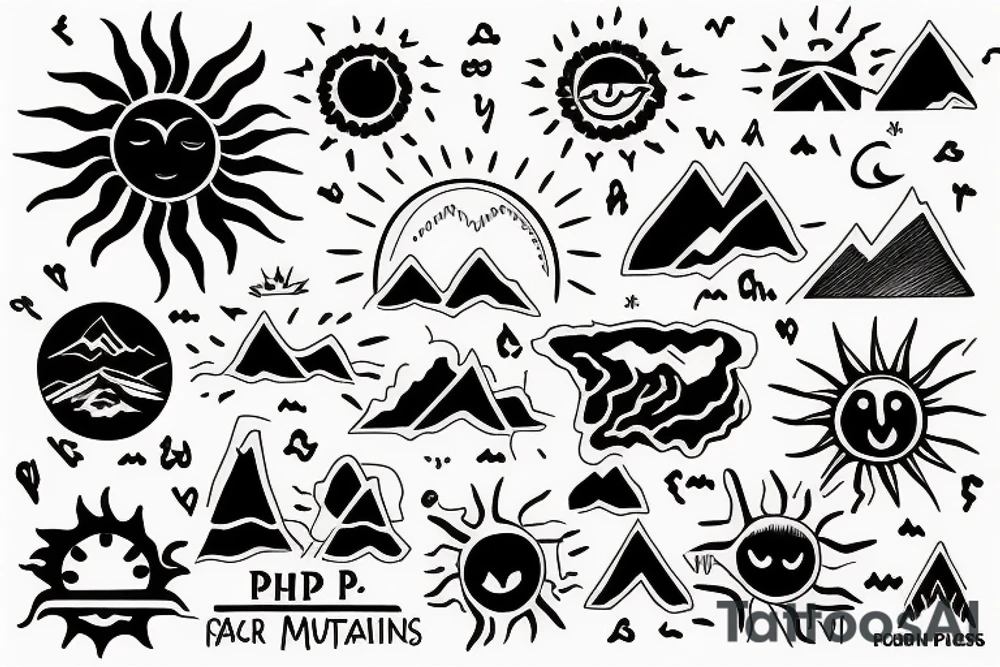 C, P, M, D, V, A, Sun, Mountains tattoo idea