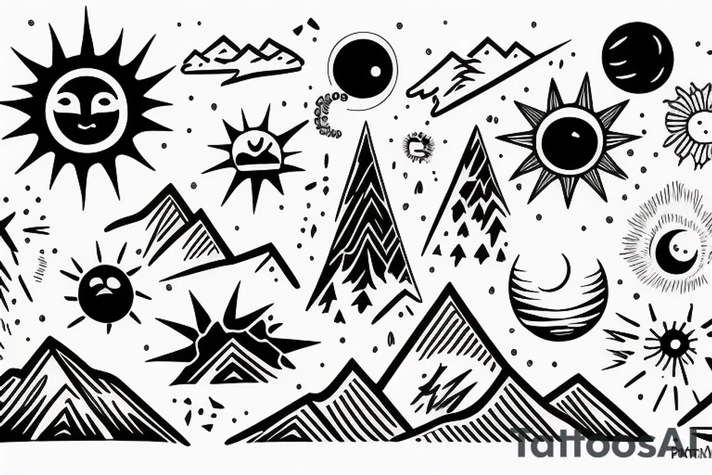 C, P, M, D, V, A, Sun, Mountains tattoo idea