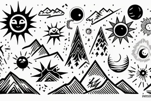 C, P, M, D, V, A, Sun, Mountains tattoo idea