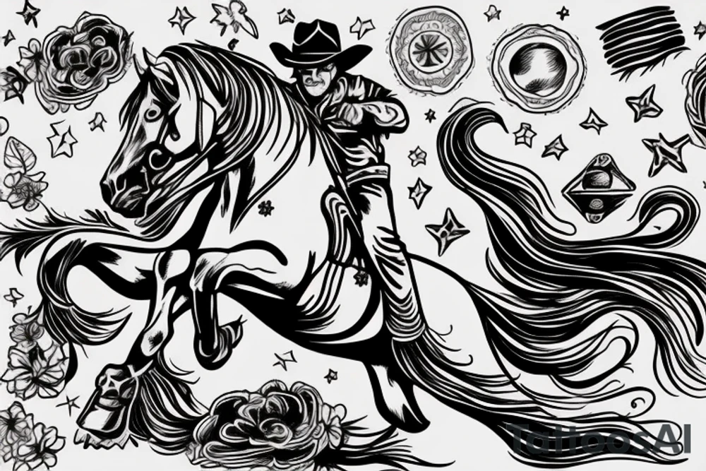 cowboy on a horse trotting off into a western sunset tattoo idea