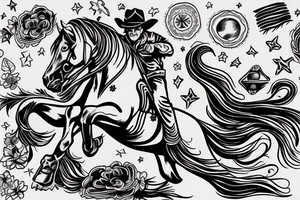 cowboy on a horse trotting off into a western sunset tattoo idea