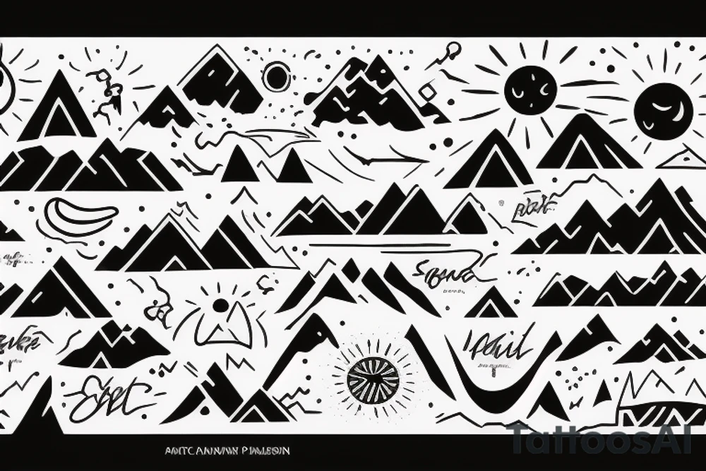 C, P, M, D, V, A, Sun, Mountains tattoo idea