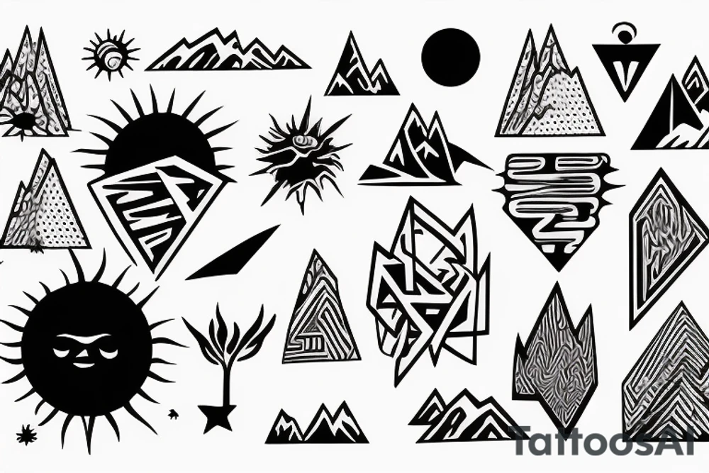C, P, M, D, V, A, Sun, Mountains tattoo idea