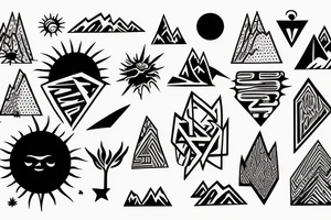 C, P, M, D, V, A, Sun, Mountains tattoo idea