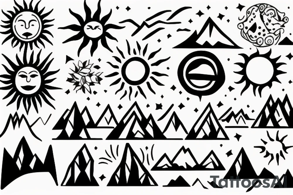 Sun and Mountain scene with C, P, A, V, M, D outline tattoo idea