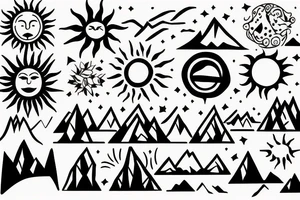 Sun and Mountain scene with C, P, A, V, M, D outline tattoo idea