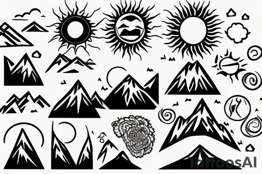 Sun and Mountain scene with C, P, A, V, M, D outline tattoo idea