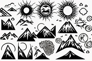 Sun and Mountain scene with C, P, A, V, M, D outline tattoo idea