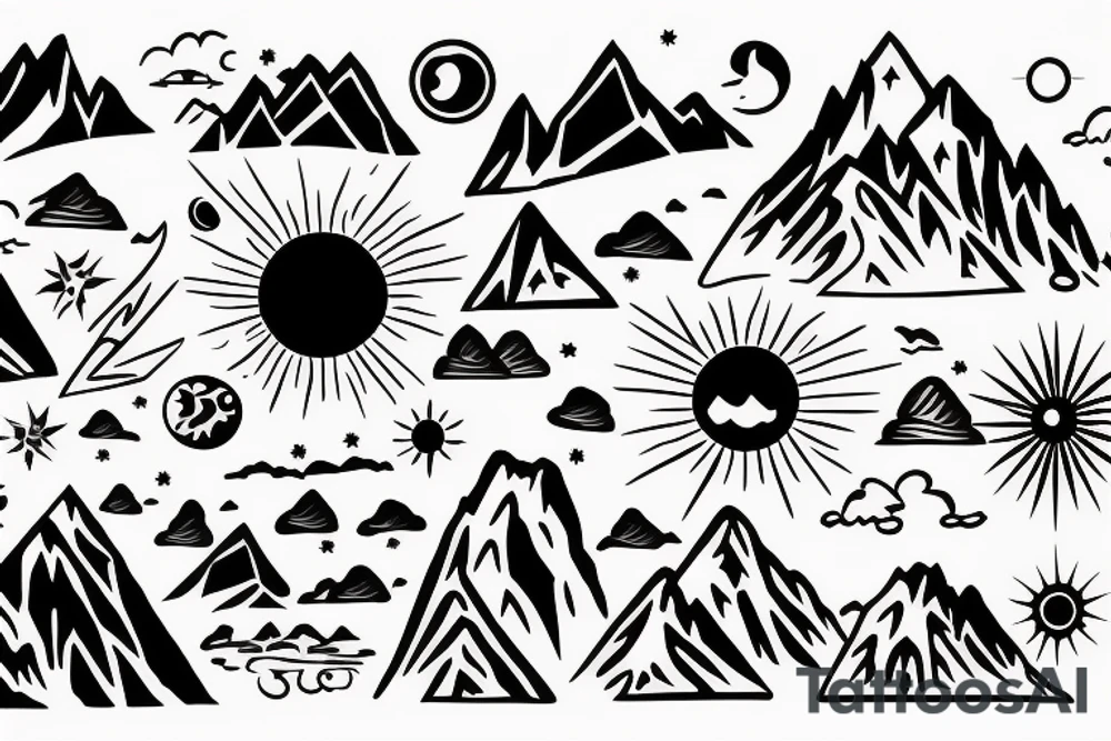 Sun and Mountain scene with C, P, A, V, M, D outline tattoo idea