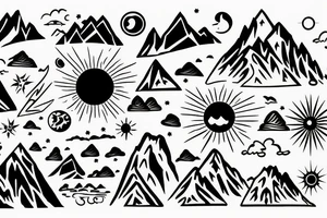 Sun and Mountain scene with C, P, A, V, M, D outline tattoo idea