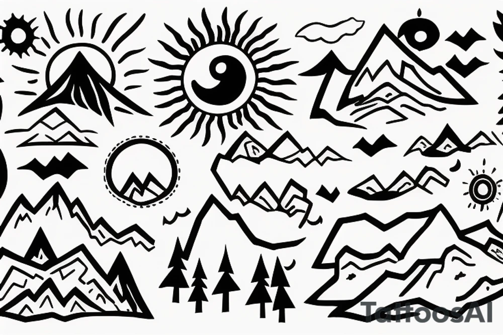 Sun and Mountain scene with C, P, A, V, M, D outline tattoo idea