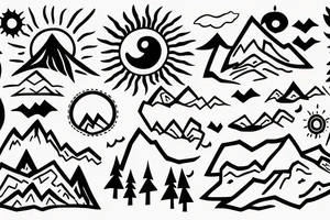 Sun and Mountain scene with C, P, A, V, M, D outline tattoo idea