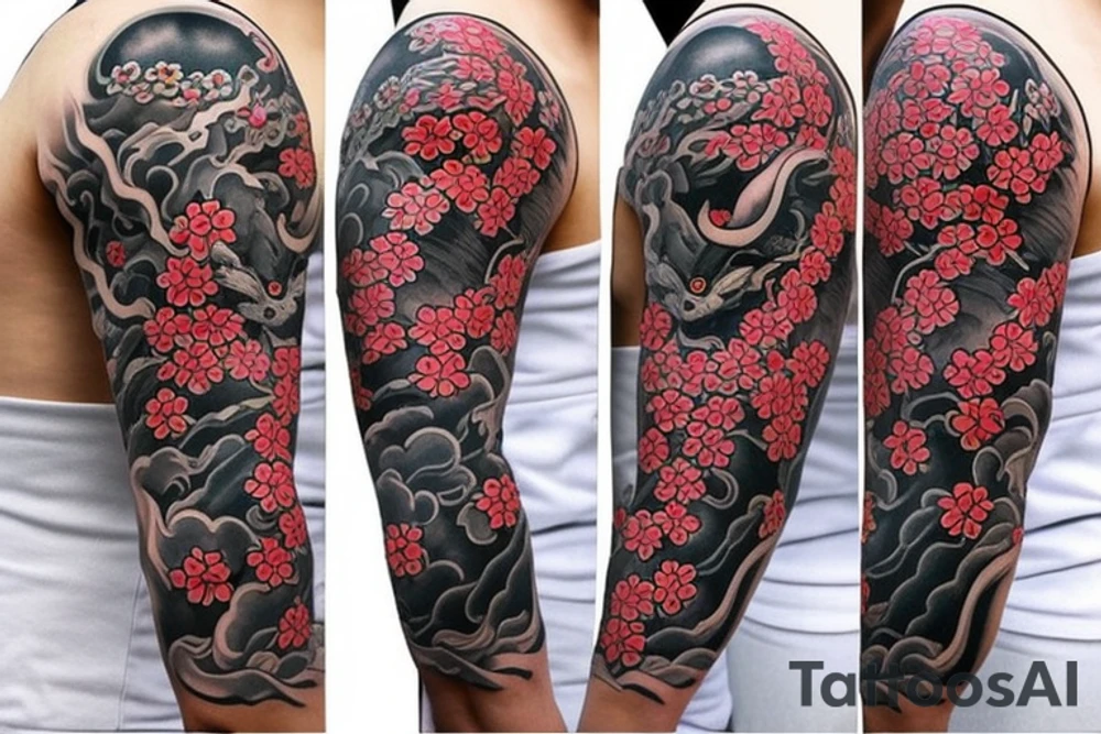 Full sleeve samurai cherry blossoms wolf dragon hanya Philippines tattoo idea