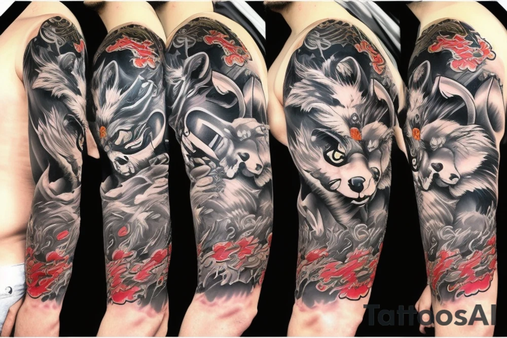 Full sleeve samurai wolf tattoo idea
