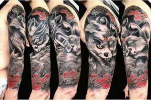 Full sleeve samurai wolf tattoo idea