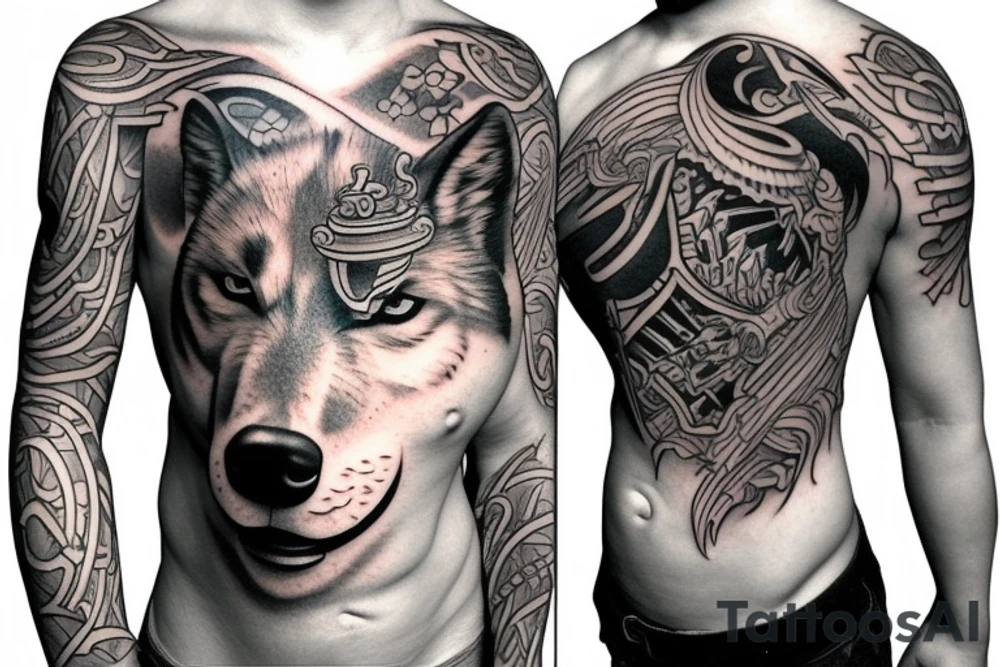 Full sleeve samurai wolf tattoo idea