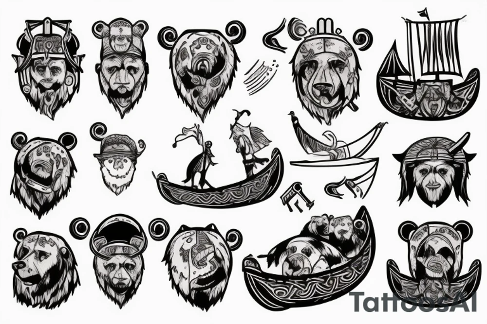 Viking boat which is driven by a bear, wearing a viking helmet tattoo idea