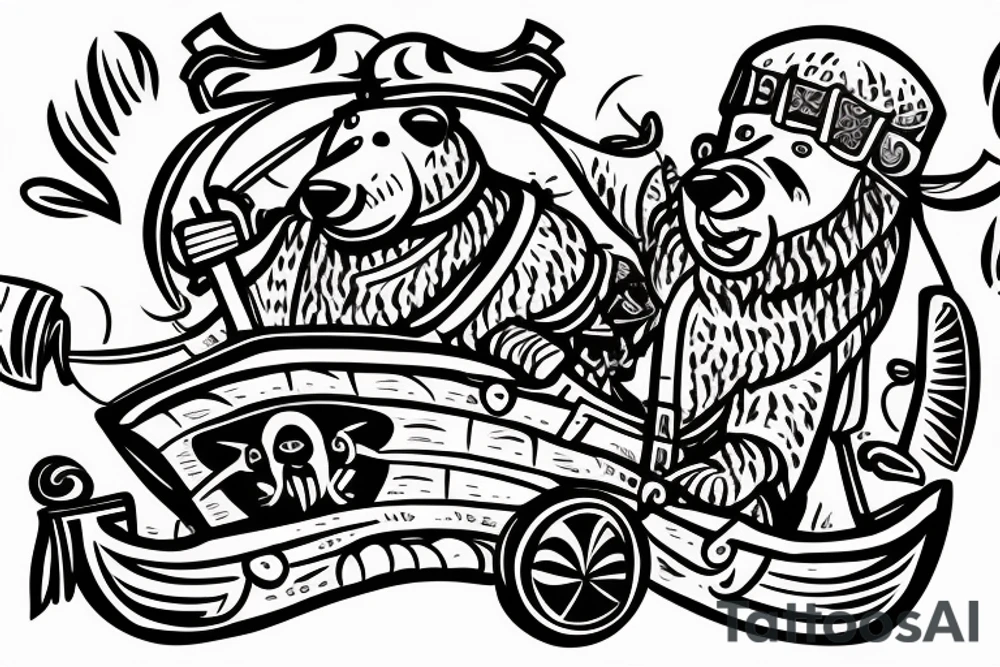 Viking boat which is driven by a bear, wearing a viking helmet tattoo idea