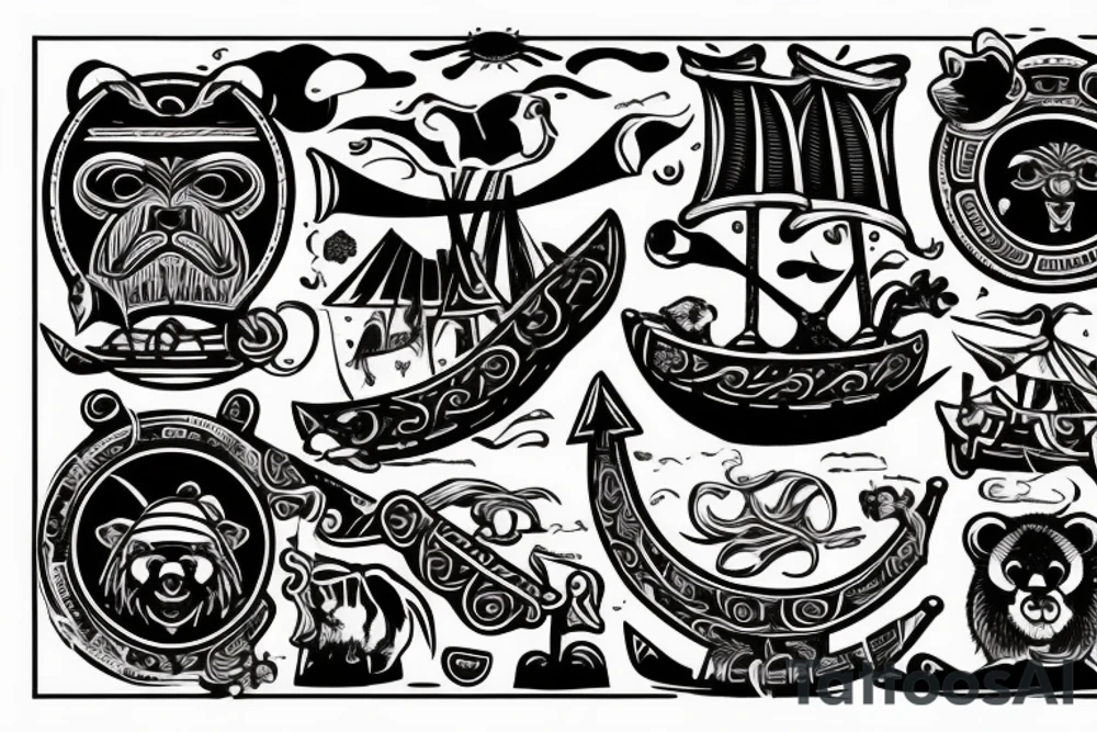 Viking boat which is driven by a bear, wearing a viking helmet tattoo idea