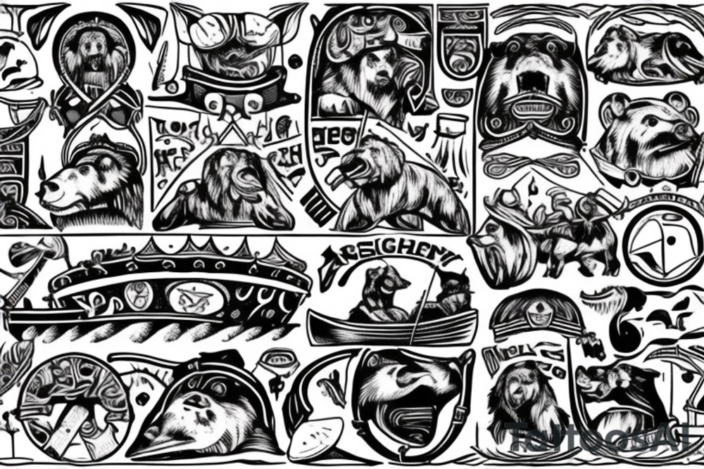 Viking boat which is driven by a bear, wearing a viking helmet tattoo idea