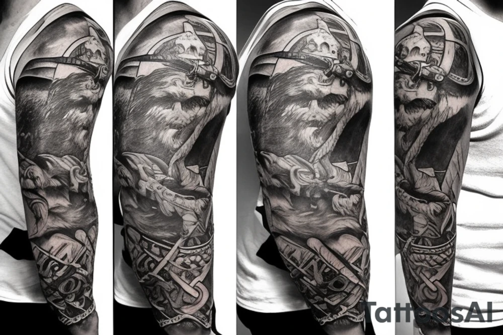 Viking boat which is driven by a bear, wearing a viking helmet tattoo idea