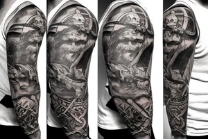 Viking boat which is driven by a bear, wearing a viking helmet tattoo idea
