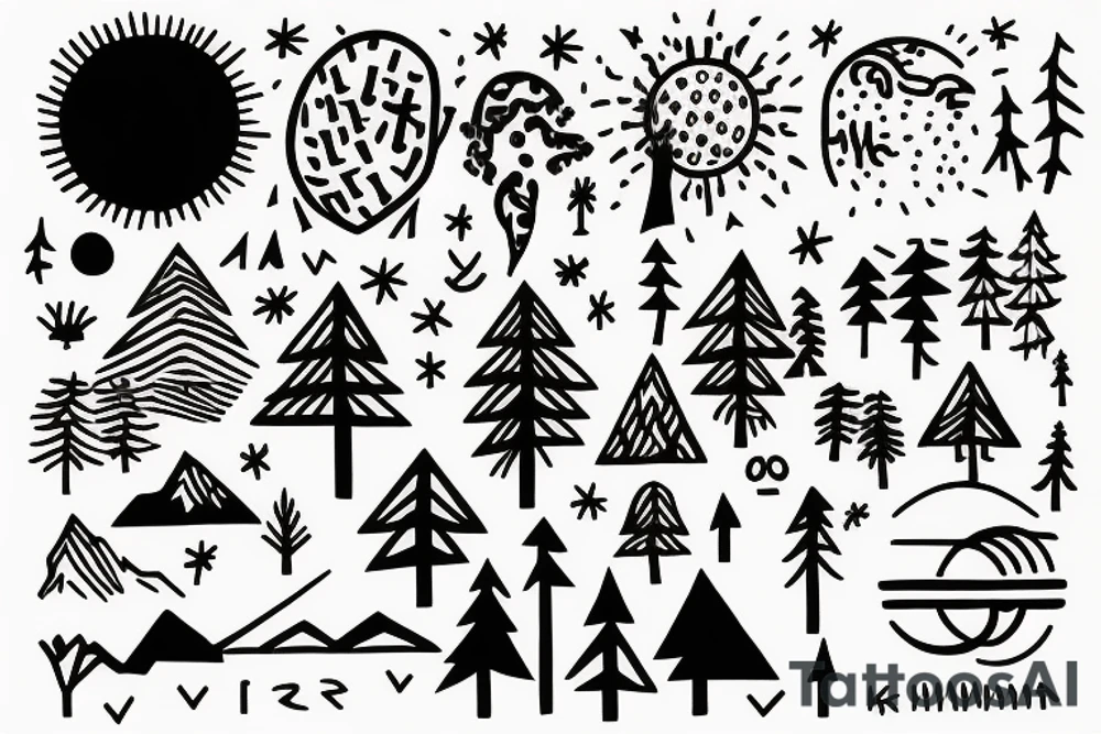 Mountains with trees and sun shining through the backdrop tattoo idea