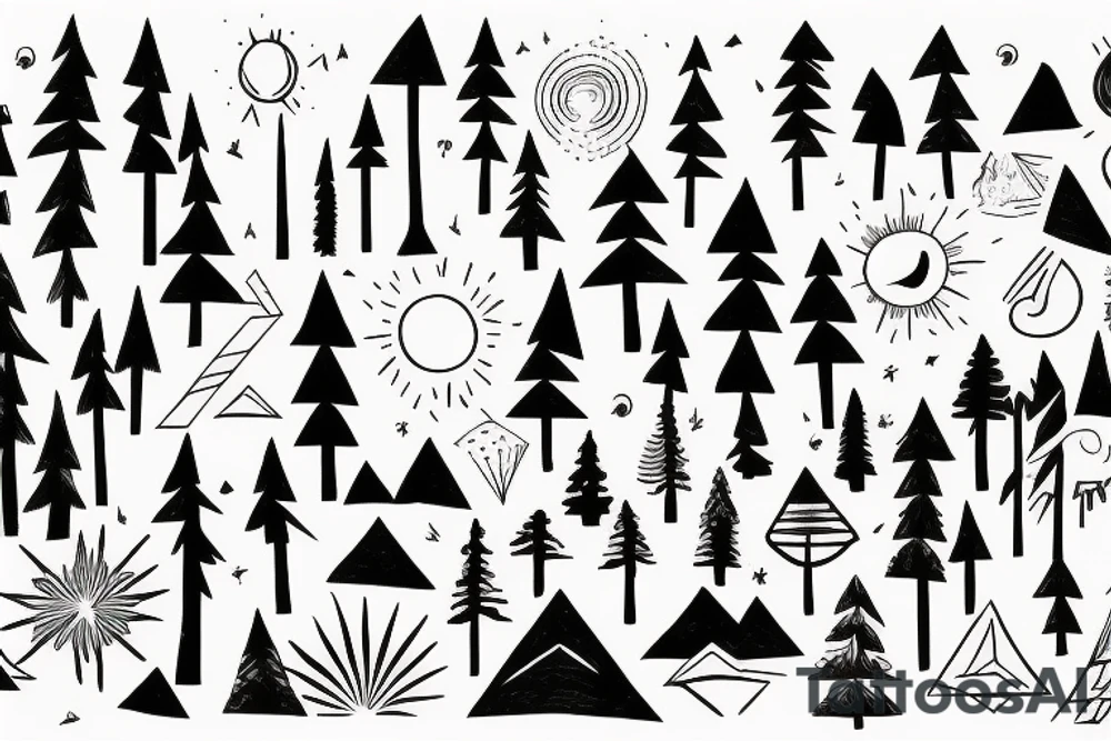 Mountains with trees and sun shining through the backdrop tattoo idea