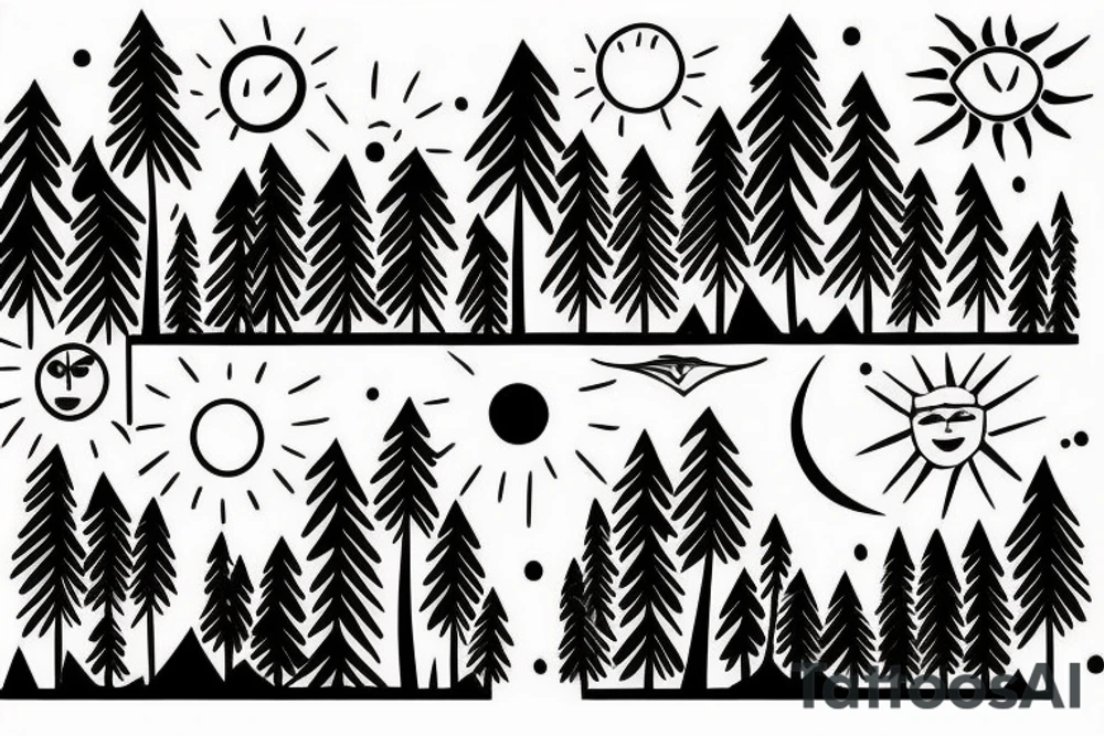 Mountains with trees and sun shining through the backdrop tattoo idea