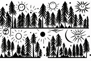 Mountains with trees and sun shining through the backdrop tattoo idea