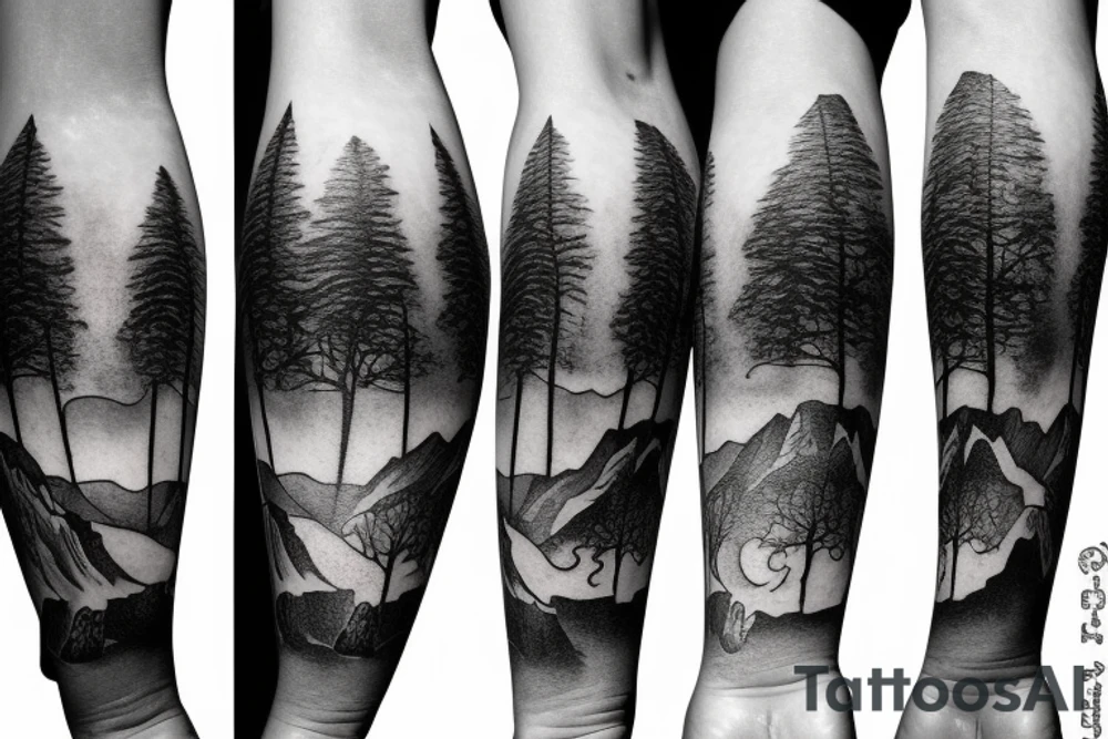Mountains with trees and sun shining through the backdrop tattoo idea