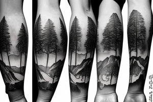 Mountains with trees and sun shining through the backdrop tattoo idea
