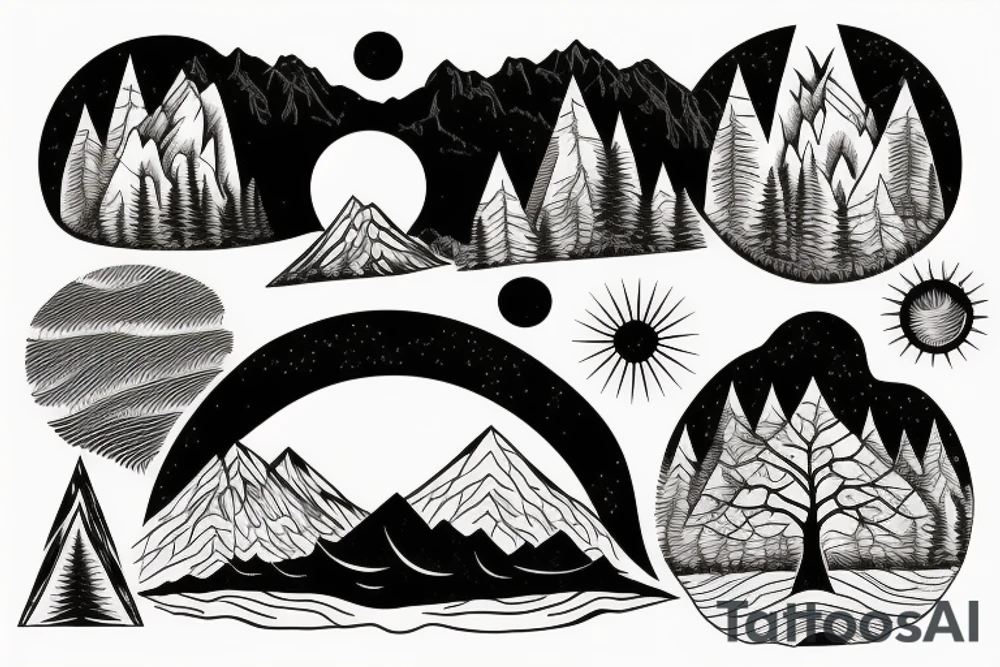 Mountains with trees and sun shining through the backdrop tattoo idea