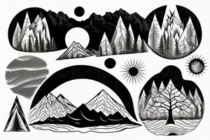 Mountains with trees and sun shining through the backdrop tattoo idea