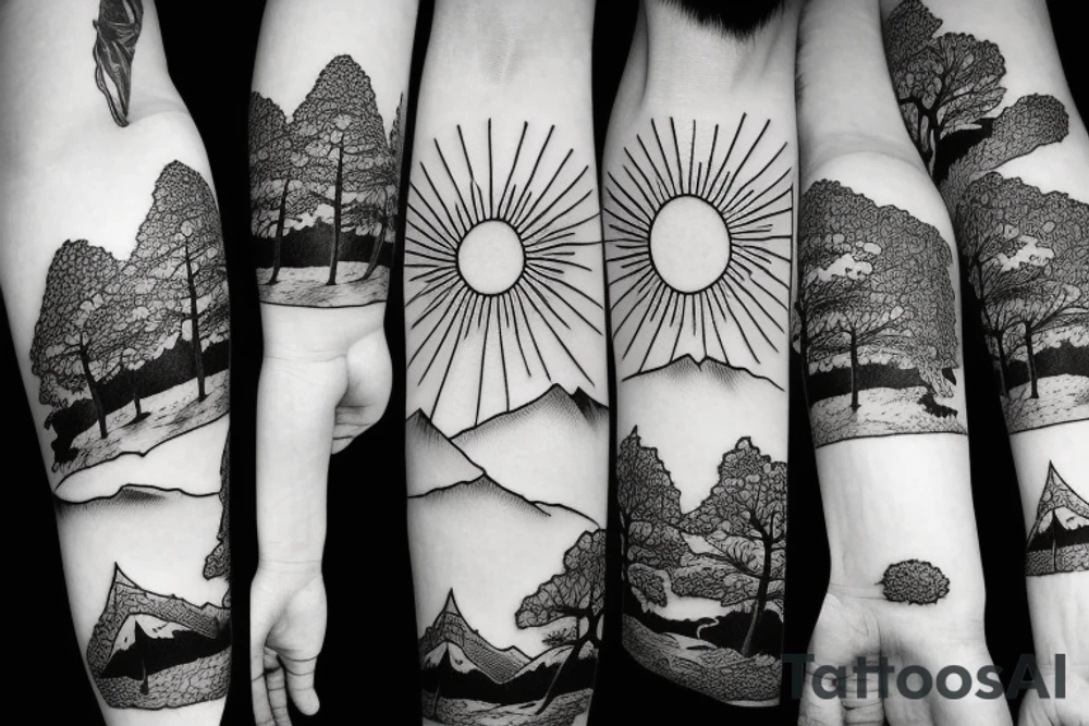 Tree lined mountains with the sun rising behind them tattoo idea