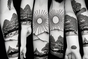 Tree lined mountains with the sun rising behind them tattoo idea