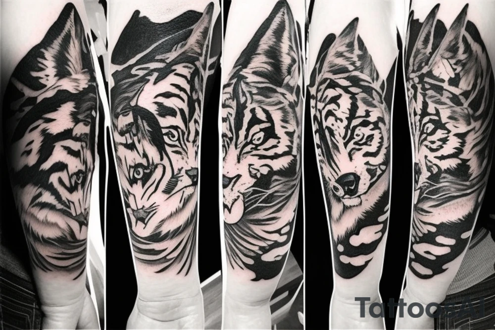 A tiger, fox, and wolf with a moon and stars tattoo idea