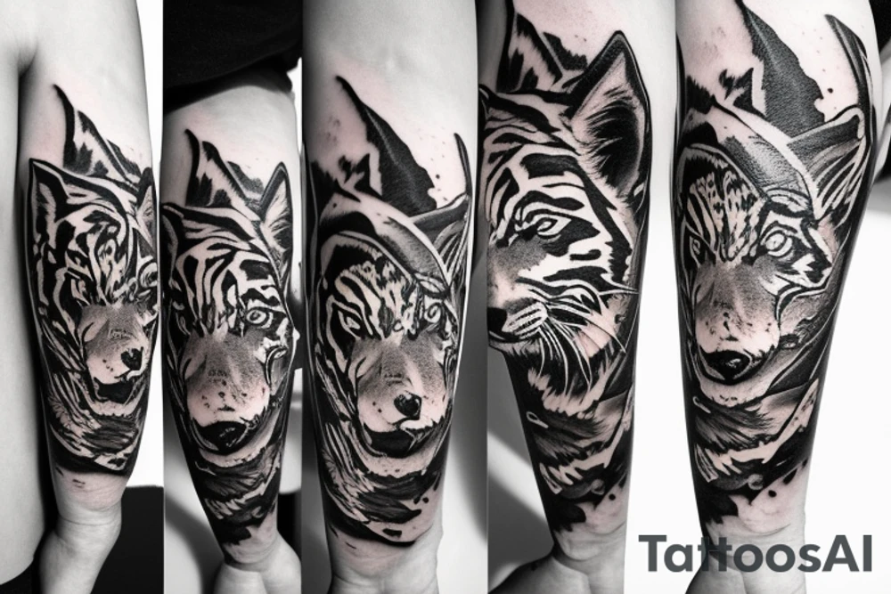 A tiger, fox, and wolf with a moon and stars tattoo idea
