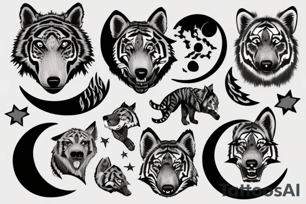 A tiger, a fox, and a wolf with a moon and stars tattoo idea