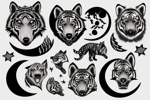 A tiger, a fox, and a wolf with a moon and stars tattoo idea