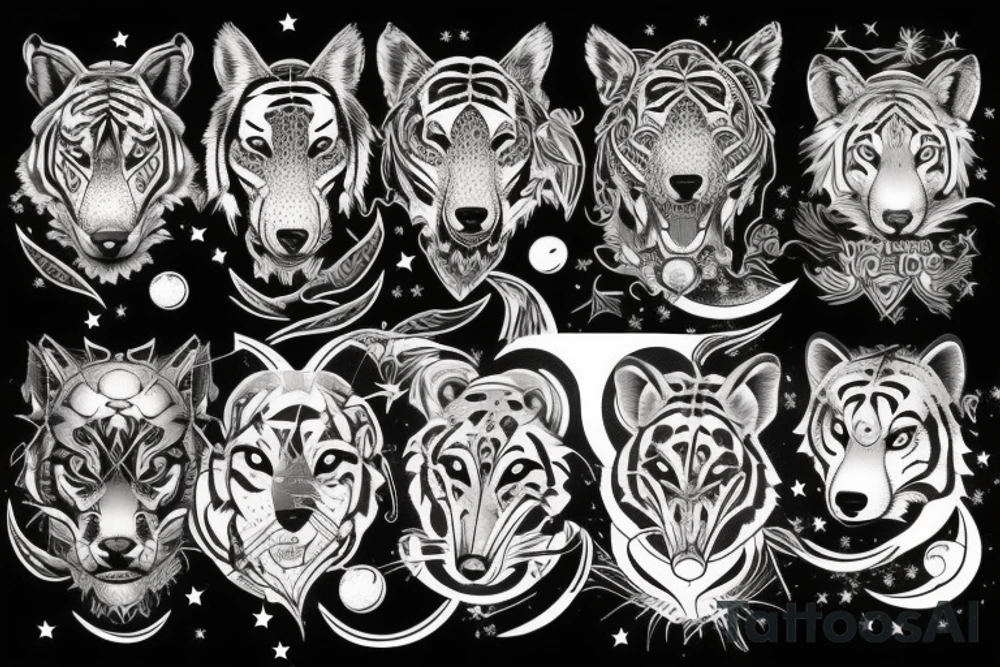 A tiger, a fox, and a wolf with a moon and stars tattoo idea A tiger, a fox, and a wolf with a moon and stars tattoo idea