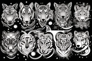 A tiger, a fox, and a wolf with a moon and stars tattoo idea