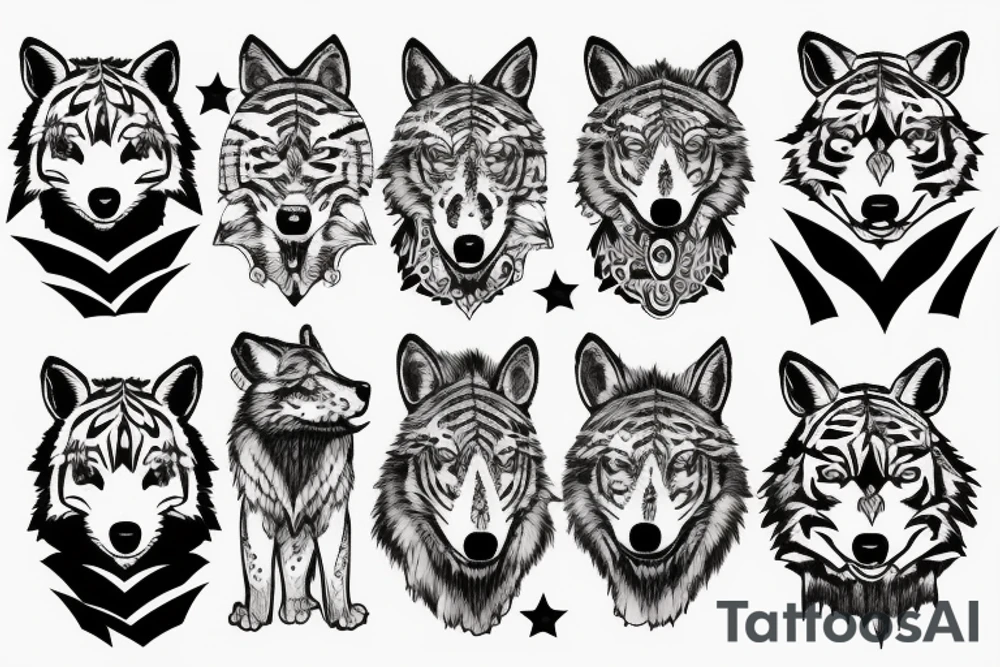 A wolf with a fox and a tiger with a moon and stars tattoo idea